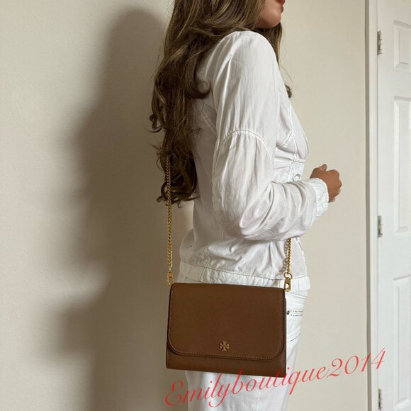 NWT Tory Burch 136093 Emerson Chain Wallet Saffiano Leather Brown Bag Messenger - Picture 3 of 11